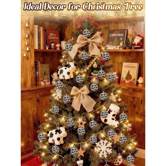 SHILIU-24pcs Cow Print Decorations Balls for Christmas Tree - Rustic Western Christmas Ornaments, 2.4in Black & White Hanging Ball for Wreath Garland Home Decor