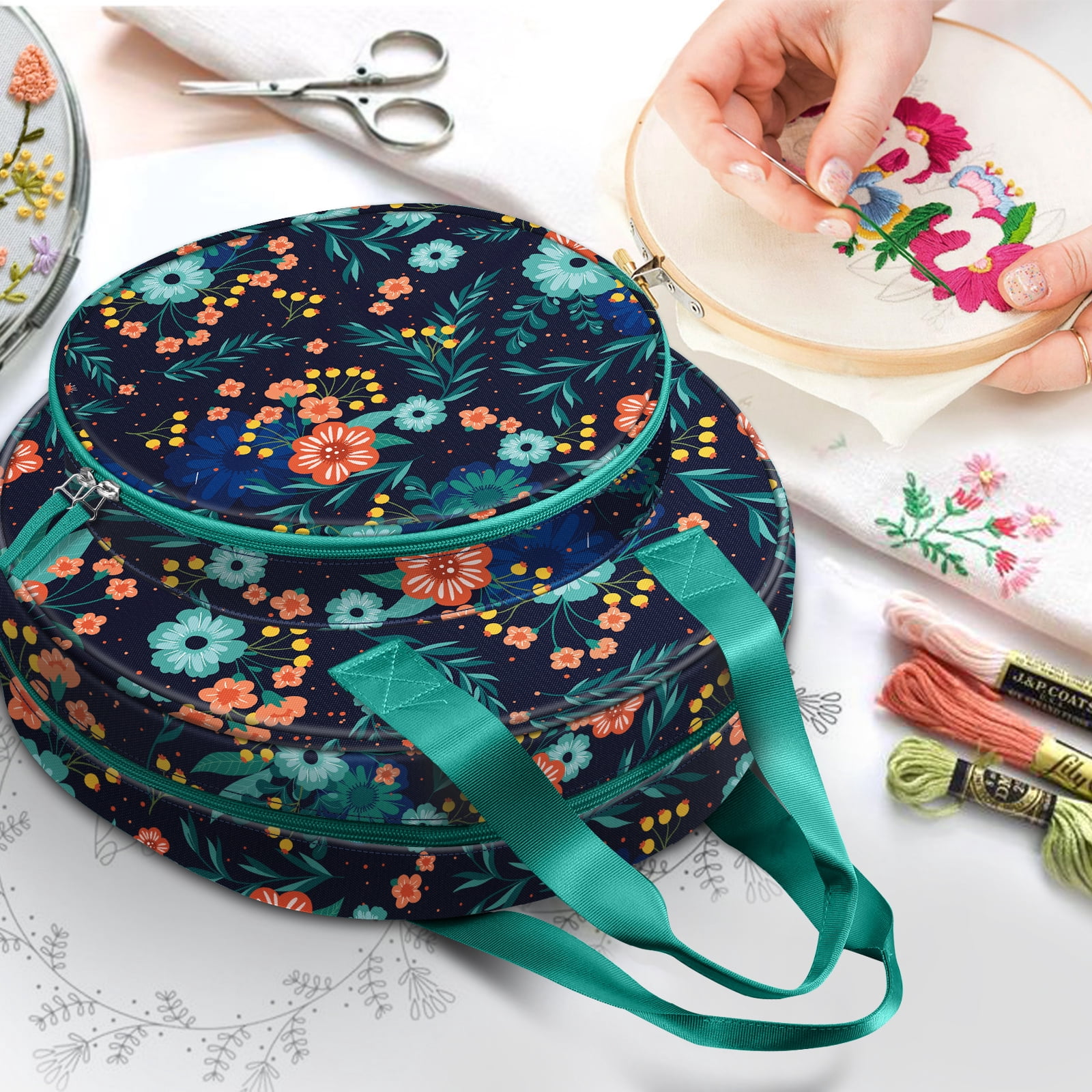 FINPAC Embroidery Project Bag, Embroidery Supplies Storage Carrying Tote Case with Multiple Pockets for Embroidery Floss, Embroidery Hoops, Thread, Stitch Tools Kit, Navy Bloom (Carrying Case only)