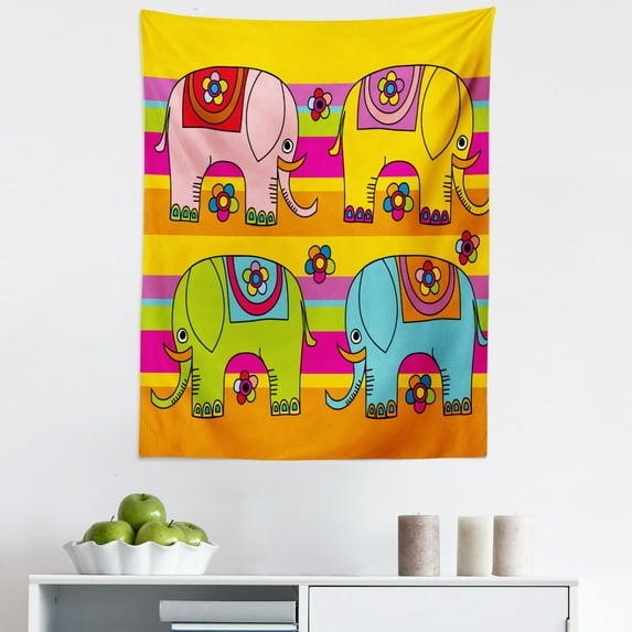 Animal Cartoon Tapestry, Funky Floral EasternColorful Hand Drawn Fantasy, Fabric Wall Hanging Decor for Bedroom Living Room Dorm, 5 Sizes, Multicolor, by Ambesonne