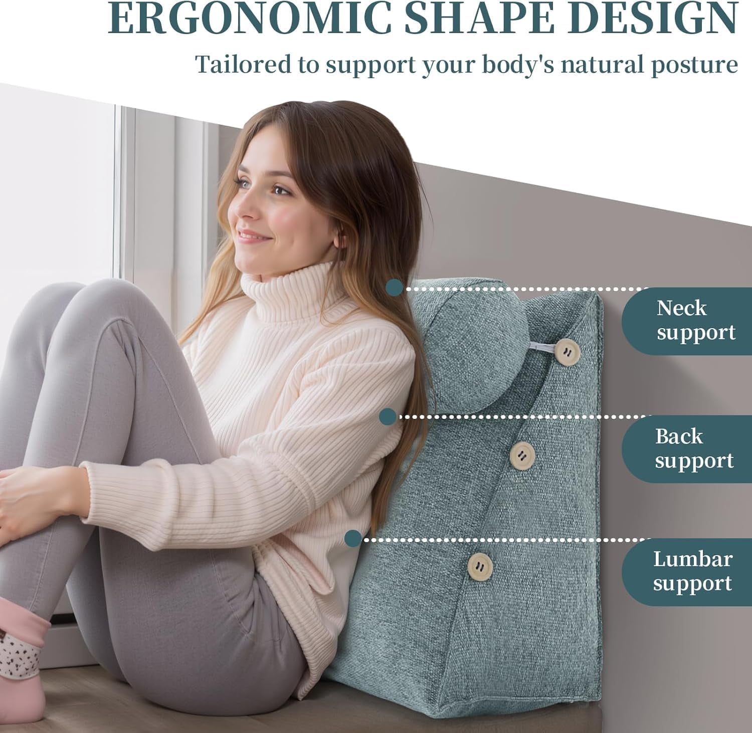 Reading Pillow for Adults Linen Back Pillow for Bed Sitting Up Wedge Pillow with Removable Washable Cover for Reading, Watching TV and Relaxing, Grey