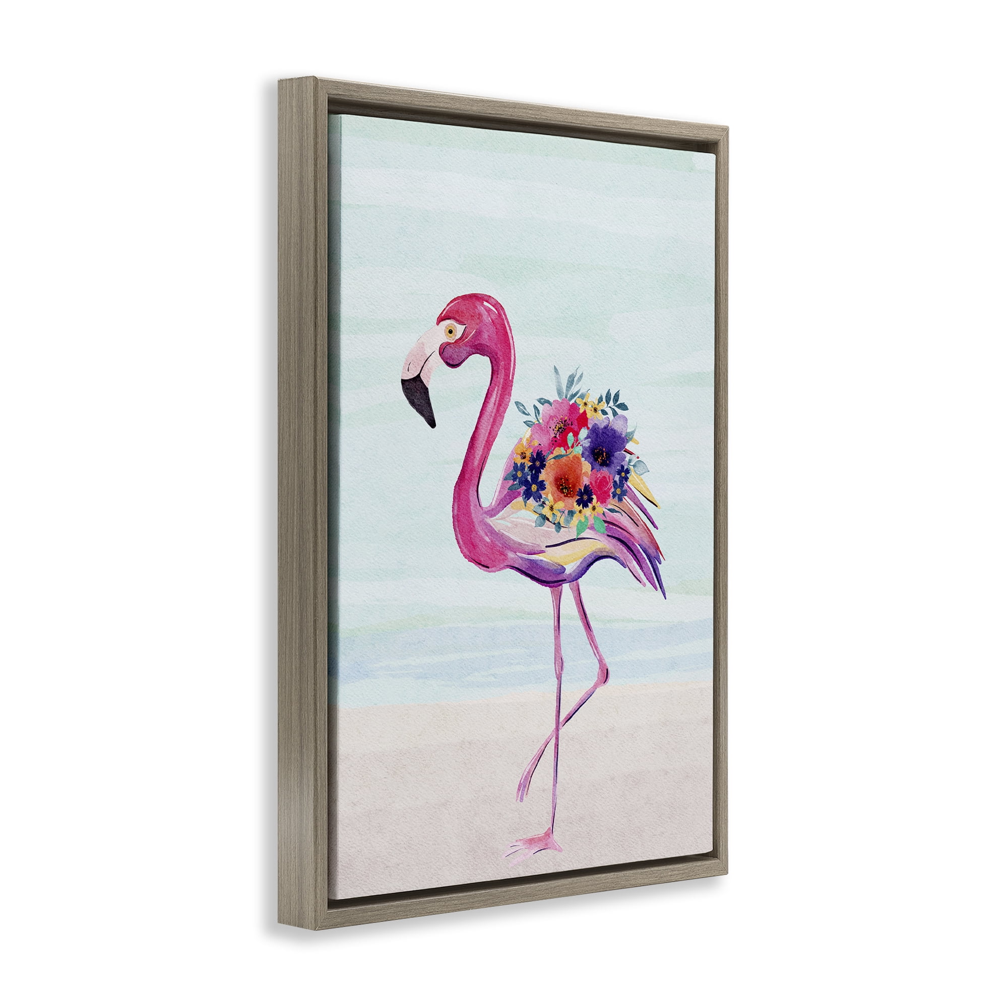 Stupell Industries Floral Flamingo Beach Plants & Flowers Painting Brown Floater Framed Canvas Art Print Wall Art, 21 x 31