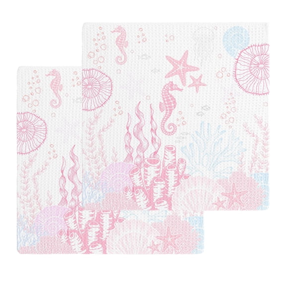 Coastal Pink Kitchen Dish Towels for Drying Dishes Set of 2, Ocean Coral Starfish Jellyfish Seahorse Waffle Weave Microfiber Hand Tea Bathroom Towels Quick Dry & Absorbent Towel 12x12