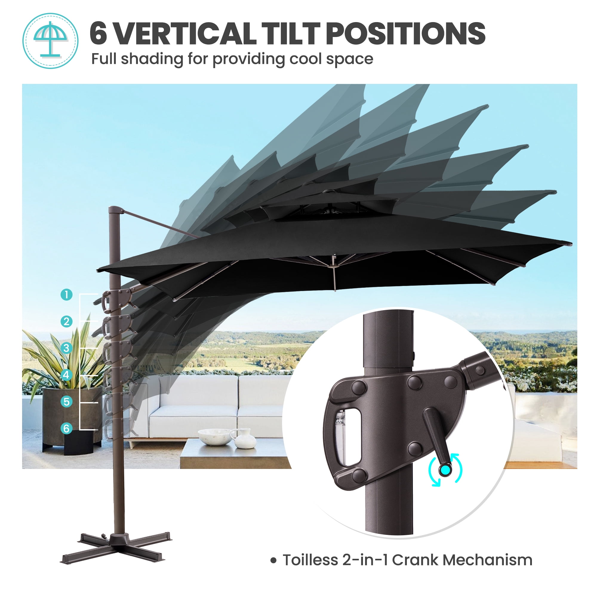 Pellebant 11 ft. x 11 ft. Square Double Top Patio Cantilever Umbrella, Black