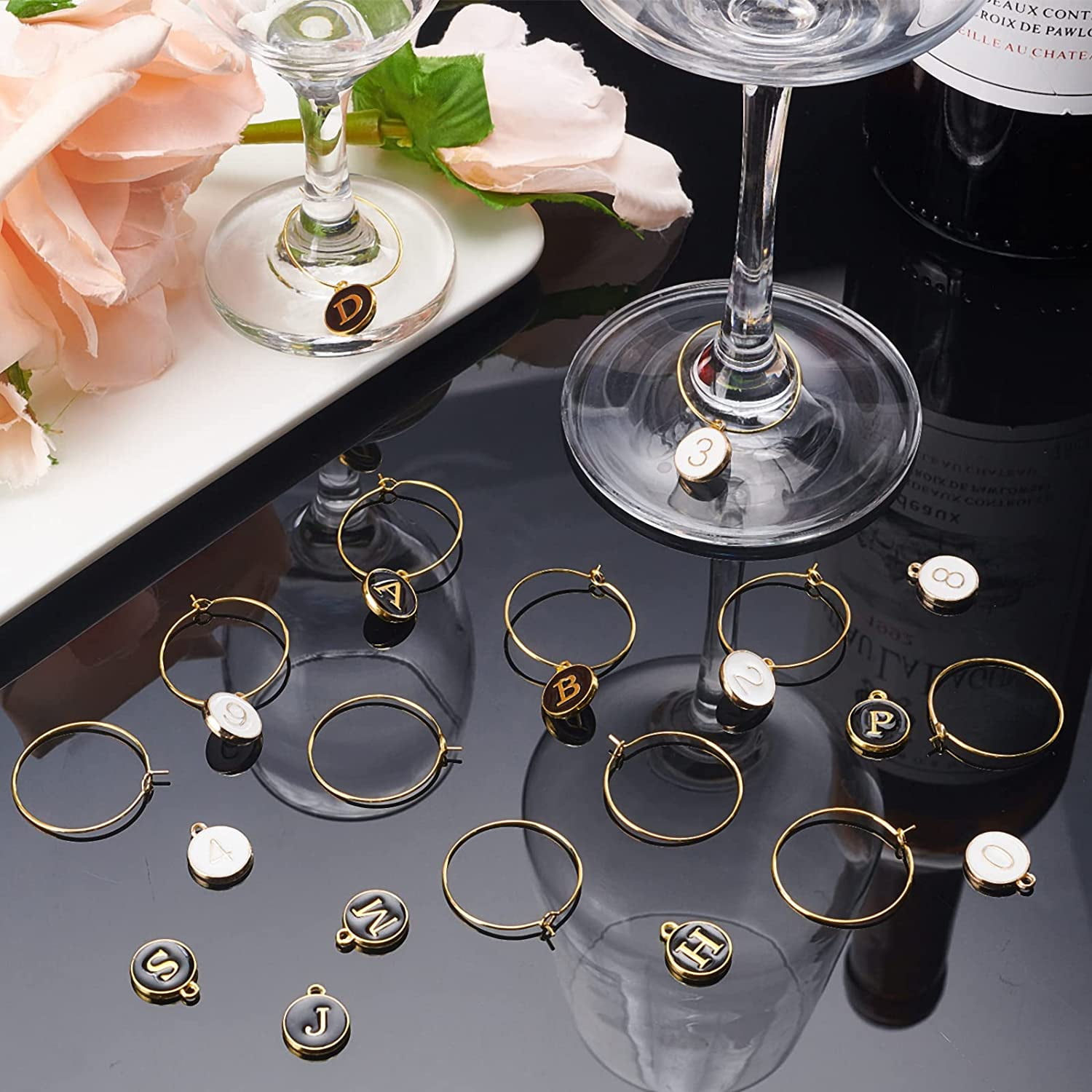 DIY Wine Glass Charms Making Kits, Including Brass Wine Glass Charm Rings,  Number & Alphabet & Constellation Alloy Enamel Pendants, Black, 148Pcs/box