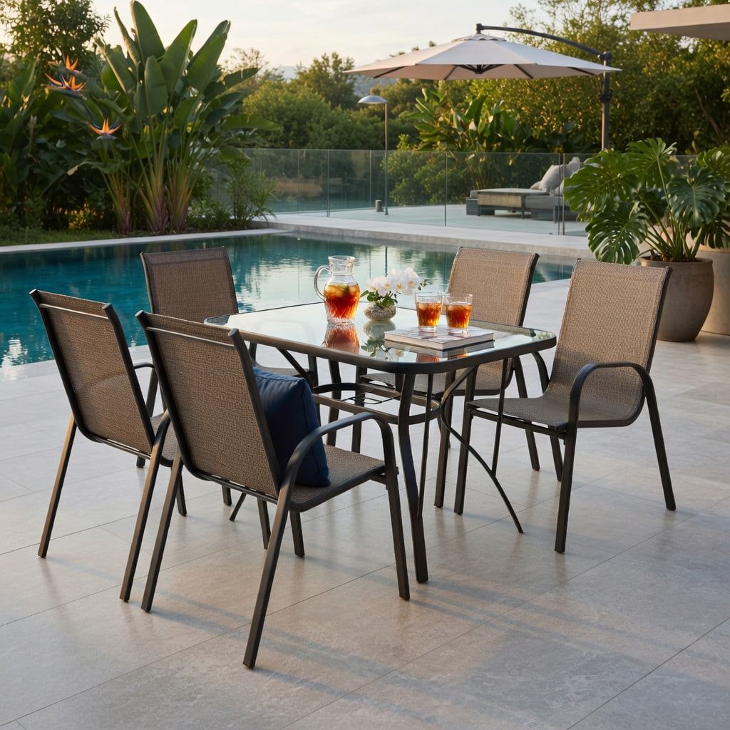 Hommoo 6-Pack Stackable Outdoor Dining Chairs, Breathable Fabric Seat, Curved Armrests, Heavy-Duty Steel Frame, Ideal for Patio, Backyard, Poolside & Balcony, Brown