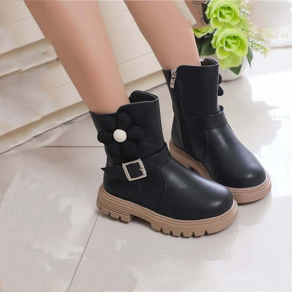 Girls Boots Waterproof Bowknot Side Zipper Trendy Casual Cute Comfortable Chunky Mid Calf Warm Winter Fur Lined Tall Boots for Toddler/Little Kid