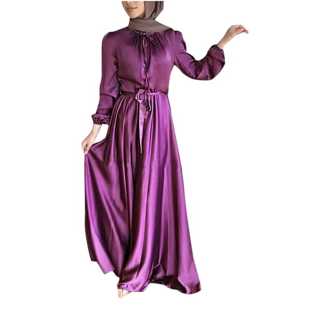 Robe de Prière Abaya Kaftan pour Femmes, Satin Uni, Col Rond, Manches Longues, Taille Portefeuille, Robe Maxi