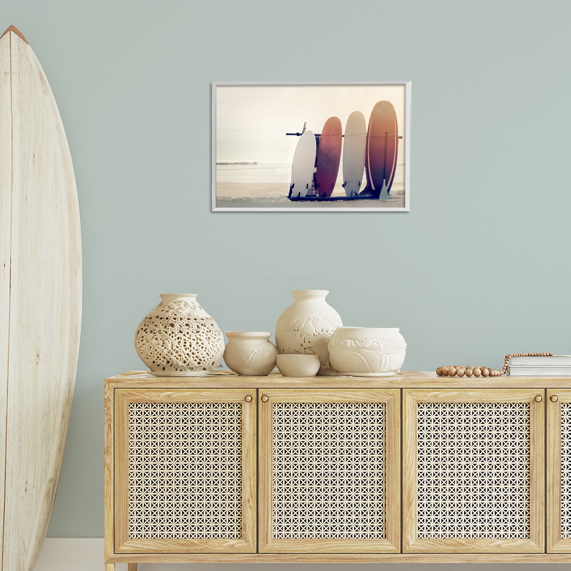 Stupell Industries Beach Surfboards Leaning Landscape Photography White Framed Art Print Wall Art, 24 x 16