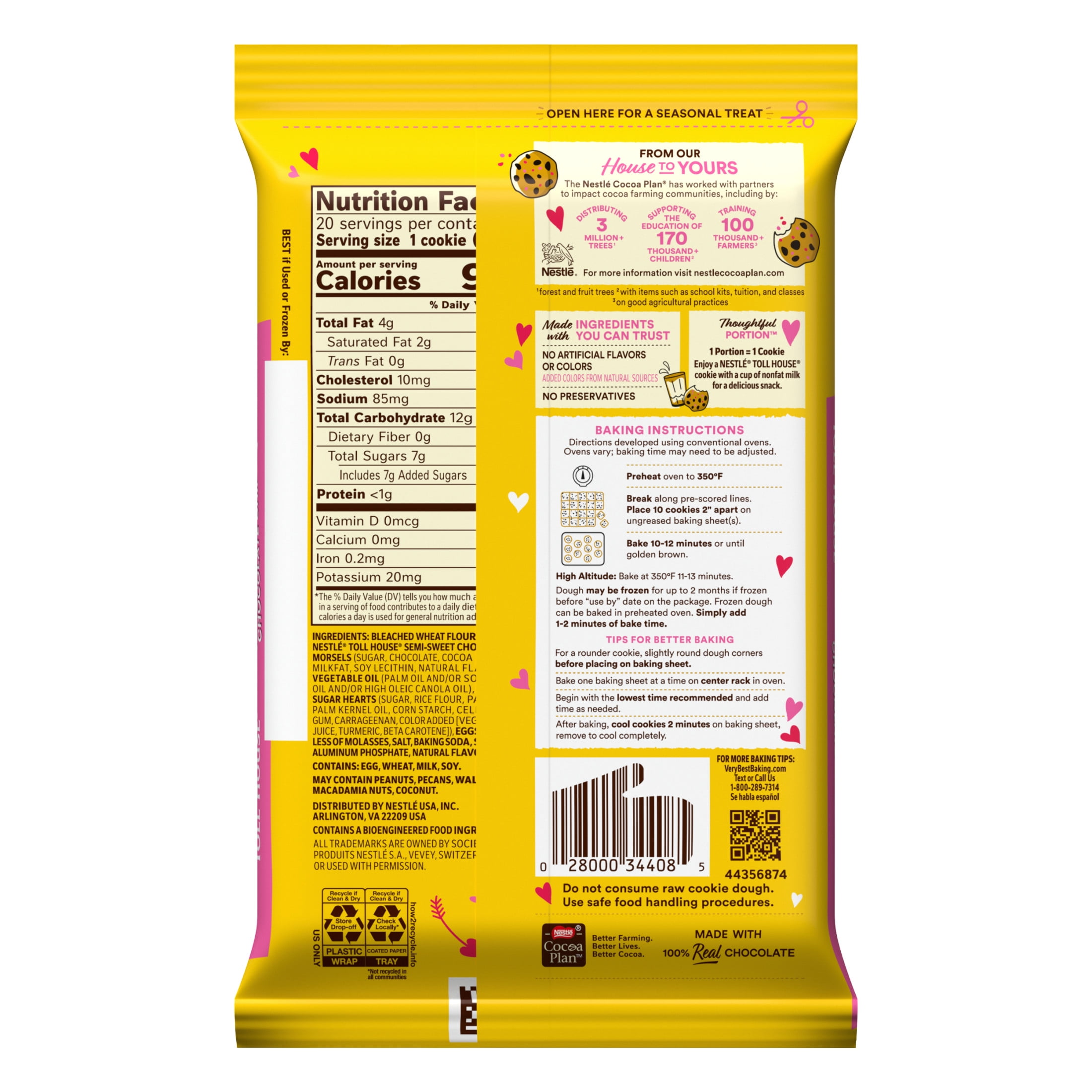 Nestle Toll House Ready to Bake Chocolate Chip Cookie Dough with Heart Sprinkles for Valentines Cookies, 14 oz