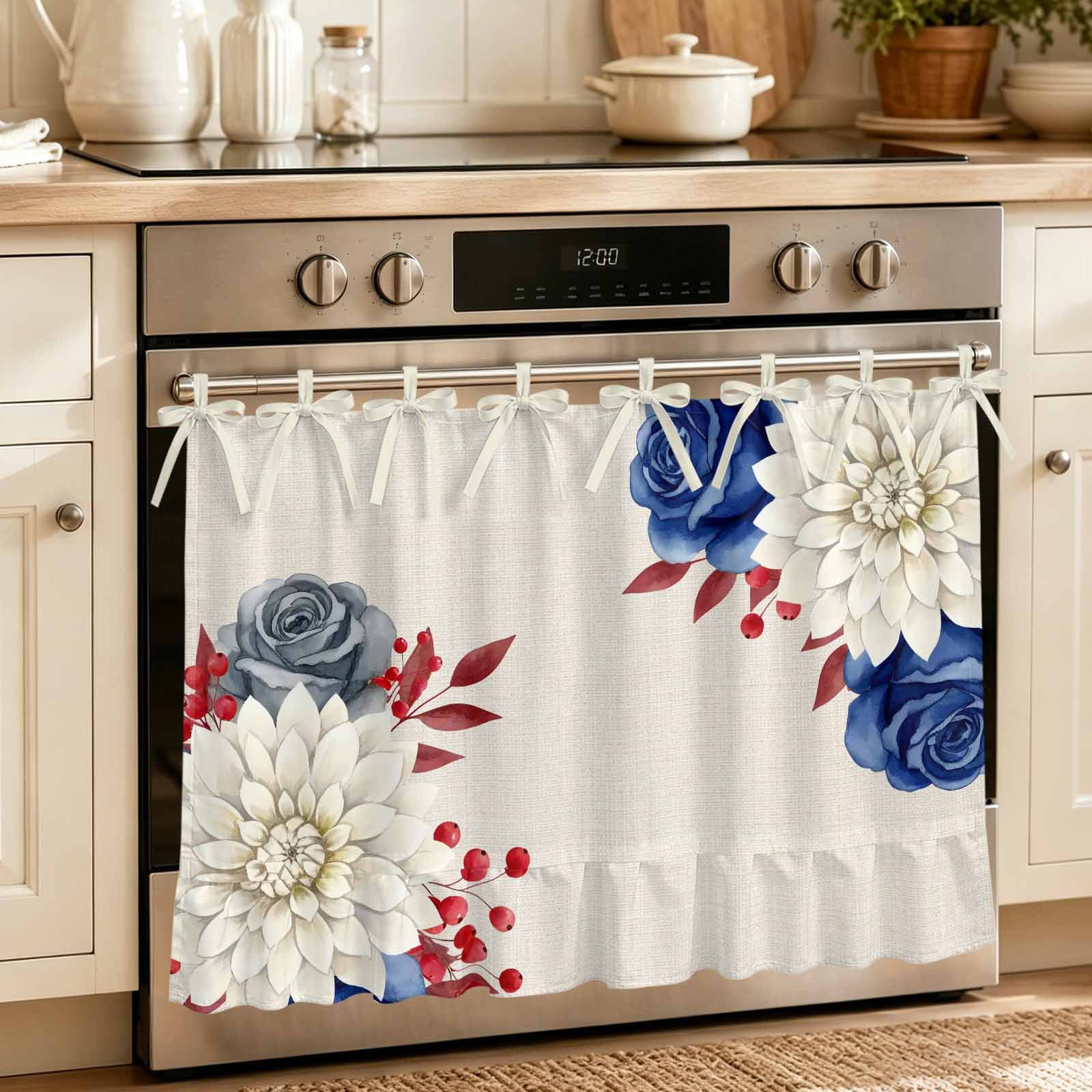Oven Skirt Curtain for Kitchen 24x32 Inch Independence Day Oven Curtain with 8 Ribbon Ties & Ruffle Trim Stove Skirt Curtain Dishwasher for Cabinets Sinks Blue White Blossom Flowers Vintage Beige