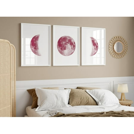 UNFFRAMED Pink Moon Phases Print,, Moon Prints, La Lune Print, Bedroom Prints, Lunar Phase, Moon Phase Art, Moon Celestial, Astrology Set 3 Prints 20x30