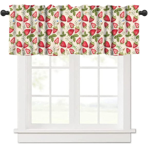 Strawberry Valance Curtains, Retro Rustic Colorful Boho Funny Butterfly Floral Leaves Fruit Seamless Pattern Home Decor Short Window Treatments Drapes for Bedroom Living Room Kitchen 54x18in x1 Panel