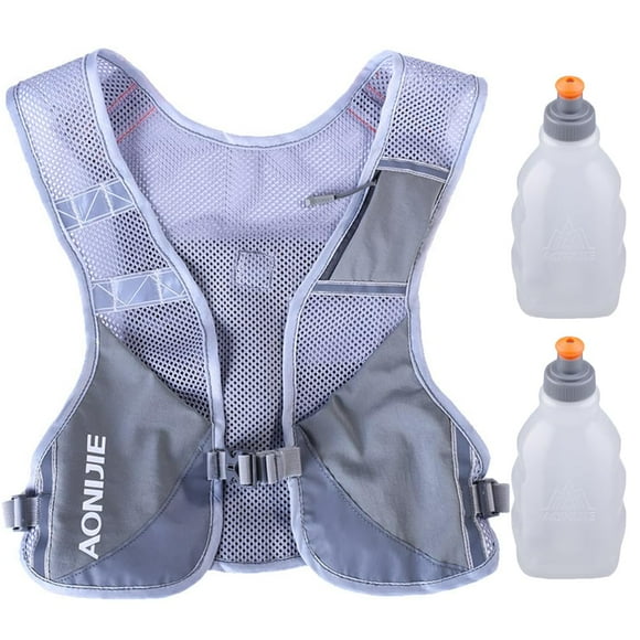 AONIJIE Chaleco ultraligero para correr con tira reflectante Mochila de hidratación transpirable para senderismo, camping, maratón, carrera ciclista (gris con 2 botellas de agua de 250 ml)
