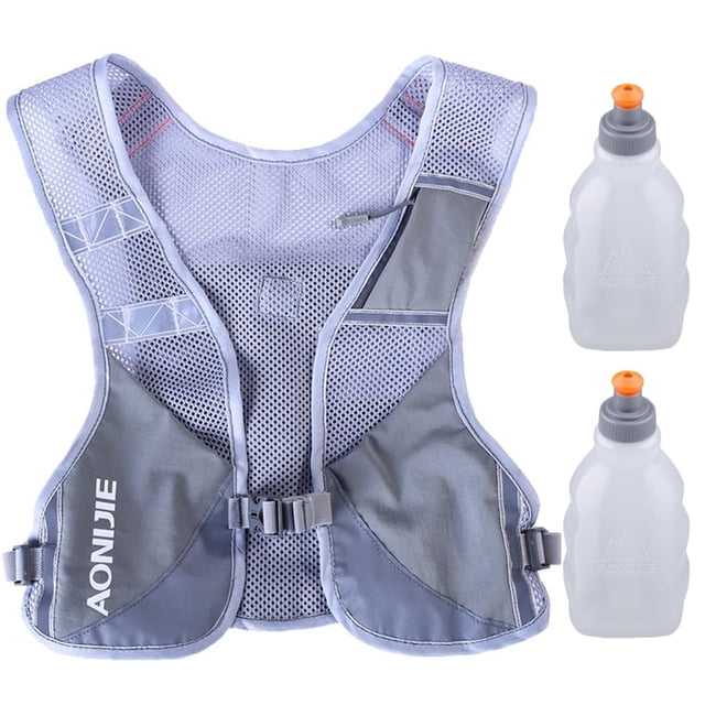 AONIJIE Chaleco ultraligero para correr con tira reflectante Mochila de hidratación transpirable para senderismo, camping, maratón, carrera ciclista (gris con 2 botellas de agua de 250 ml)