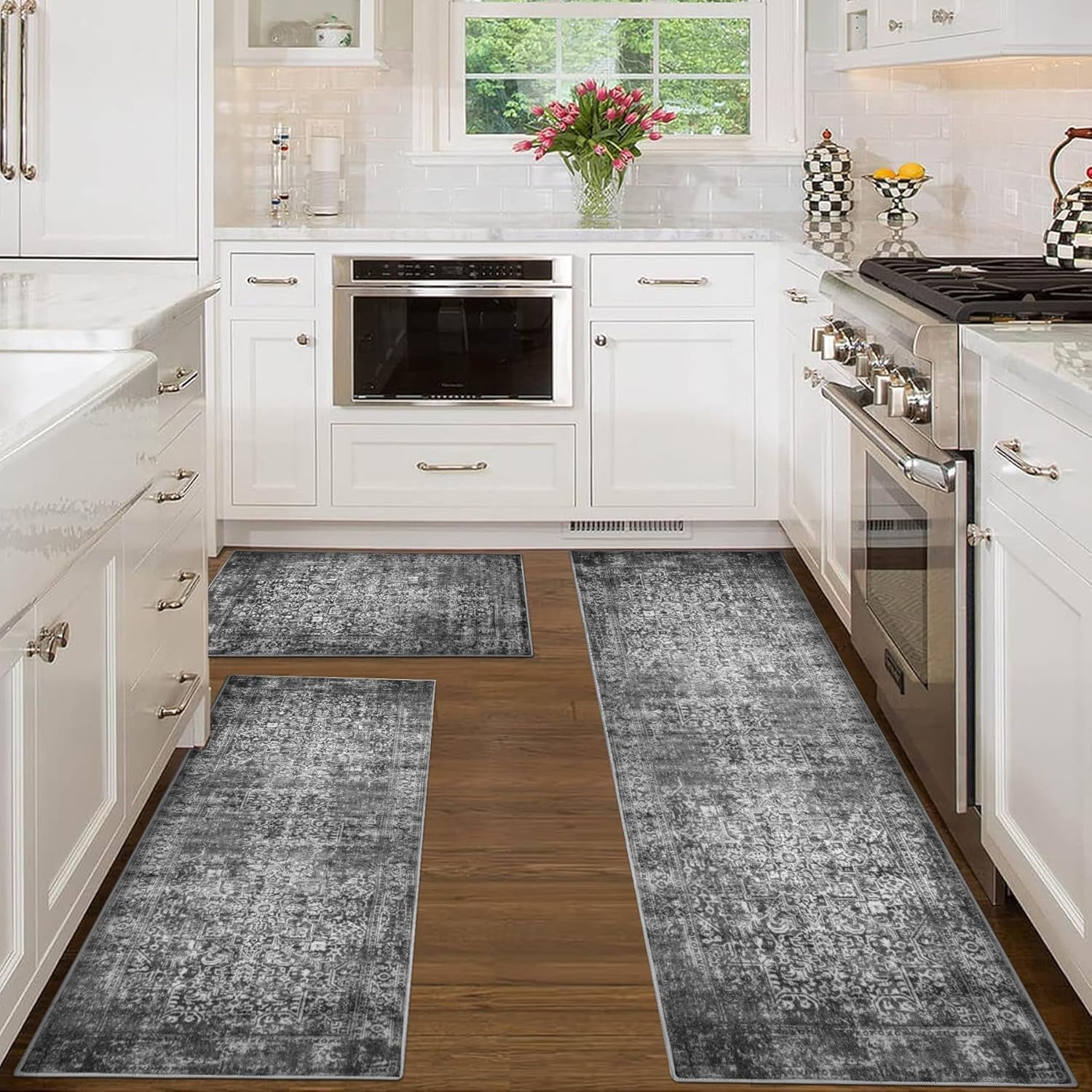 Kitchen Rugs Sets of 3 Non Slip Washable Kitchen Mats for Floor 3 Piece Set Turquoise Black Boho Kitchen Mat Set Kitchen Runner Rug Carpet for Laundry Room Front Door