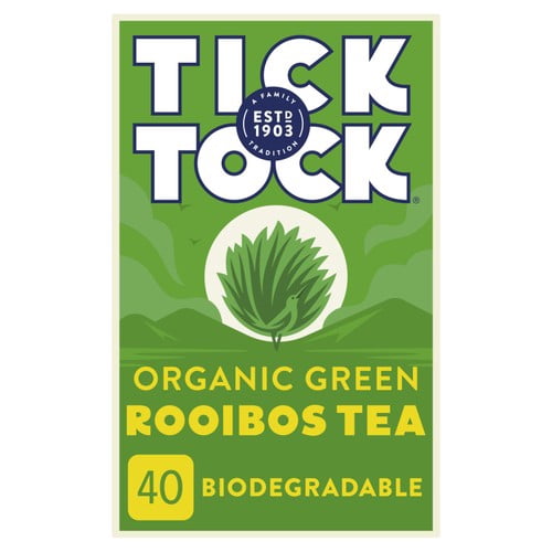 Tick Tock Organic Rooibos Green Tea Bags 40's, British Import (Pack of 2)
