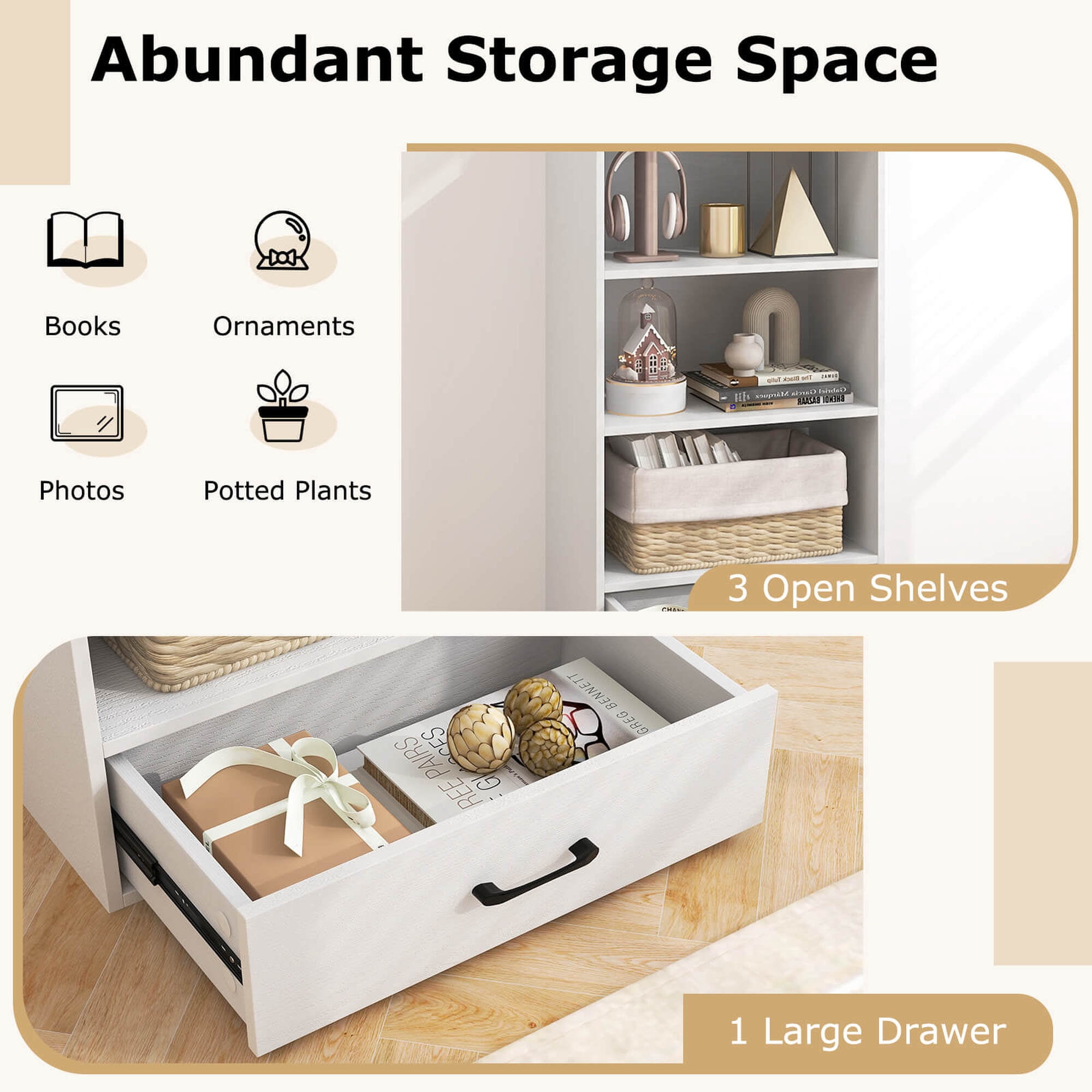 Costway 42'' Tall 4-tier Storage Shelf Wood Bookcase with Drawer Home Organizer Display Rack White