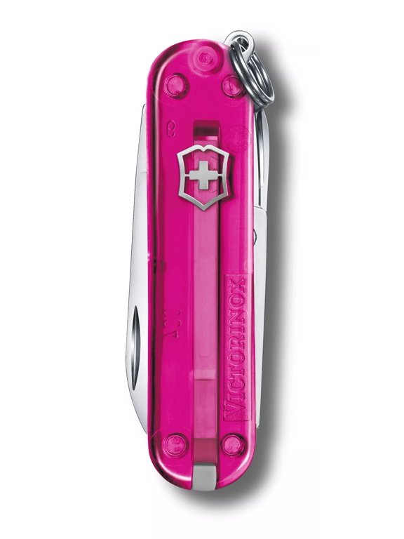 (Open Box) Victorinox Classic SD Swiss Army Knife, Compact, 7 Functions, Swiss Made Pocket Knife with Small Blade, Screwdriver and Key Ring - Transparent Pink