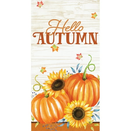 Hello Autumn 16 ct Disposable Guest Napkins, Thanksgiving Pumpkin Napkins, Sunflowers