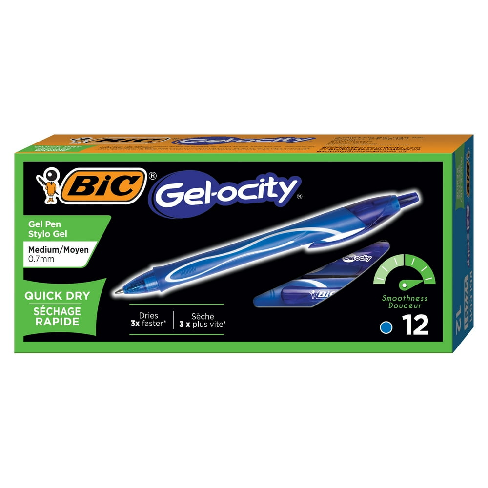 BIC Gelocity Quick Dry Retractable Gel Pen, Medium Point (0.7 mm), Blue