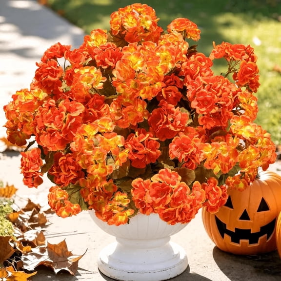 AcerichFad Fall Geraniums Flowers, 8 Pcs 21" Autumn Artificial Fake Geraniums Flowers Faux Silk Plants Fall Decorations for Home Outside Porch Yard Garden Patio, Orange Yellow