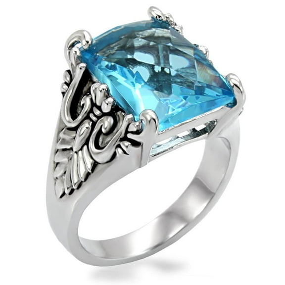 Womans Silver Aquamarine Ring High polished (no plating) Stainless Steel Ring with Glass in Sea Blue TK021