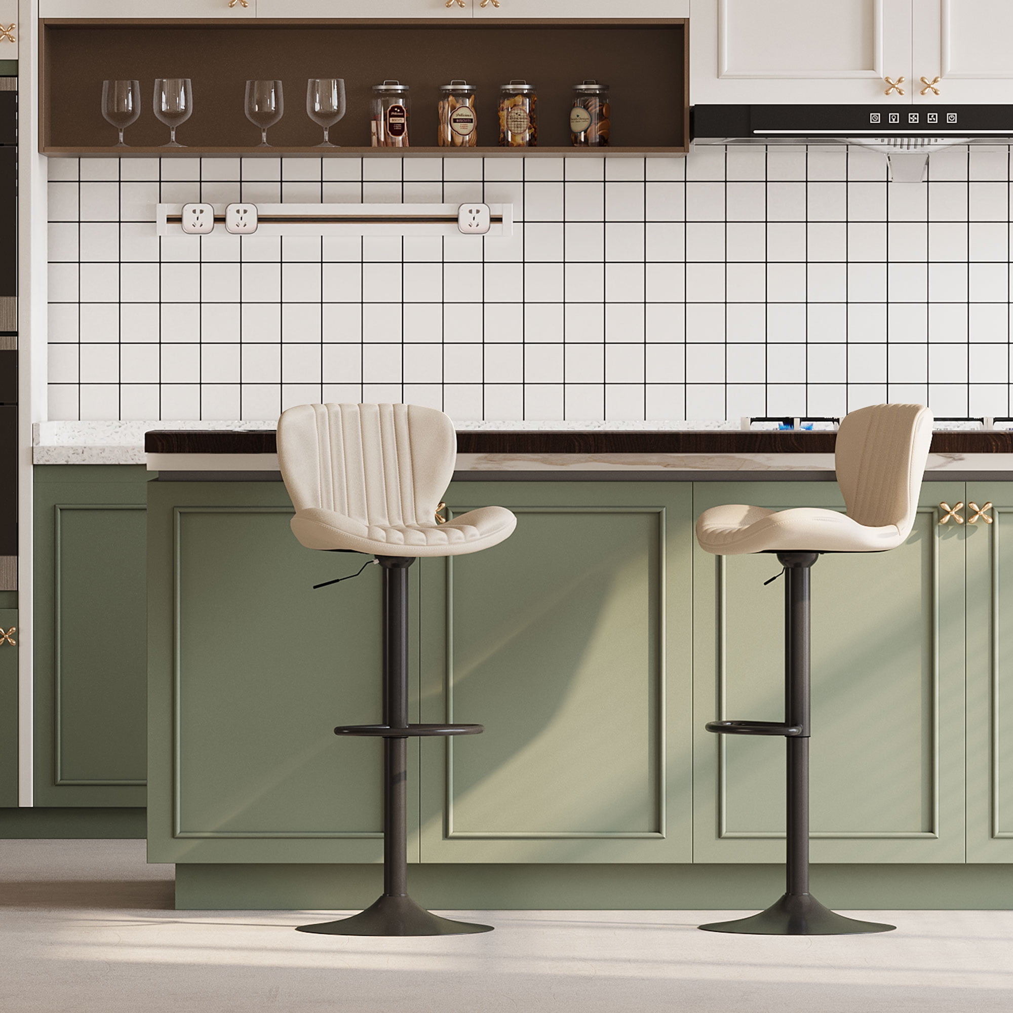 Walsunny Adjustable Bar Stools Set of 2 Leather Upholstered Swivel Counter Stools Counter Height Bar Stools with Large Base, Room Bar, Beige