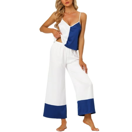 

cheibear Womens Satin Lounge Color Block Cami Tops with Pants Sleepwear Pajamas Sets