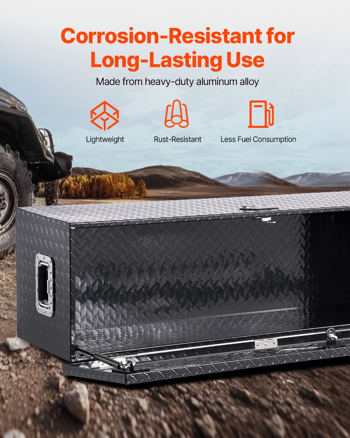 VEVOR Heavy Duty Aluminum Truck Bed Tool Box, Diamond Plate Tool Box with Side Handle and Lock Keys, Storage Toolbox Chest Organizer for Trailer, Pickup, Truck Bed, RV, 49"x15"x15", Black