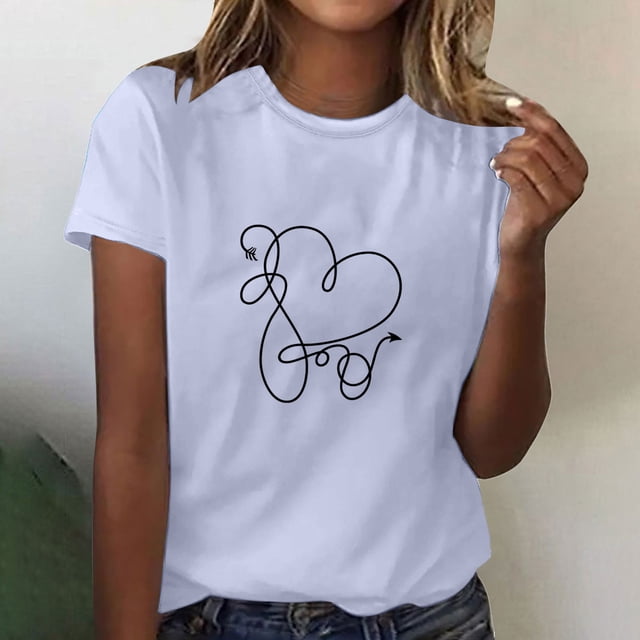 Meichang T-Shirts de la Saint-Valentin pour Femmes, T-Shirts Mignons à Imprimé Cœur, Col Rond Décontracté, Coupe Ample, T-Shirts de Fête à Manches Courtes, Vêtements Mignons
