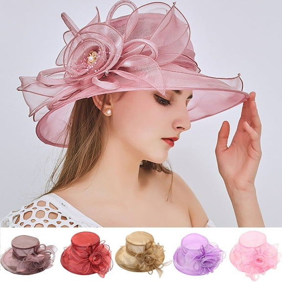 Dream Lifestyle Kentucky Derby Church Dress Hat for Women, Big Rose Organza Hat Royal Style Fascinator Wide Brim Cap for Tea Party Wedding Beach