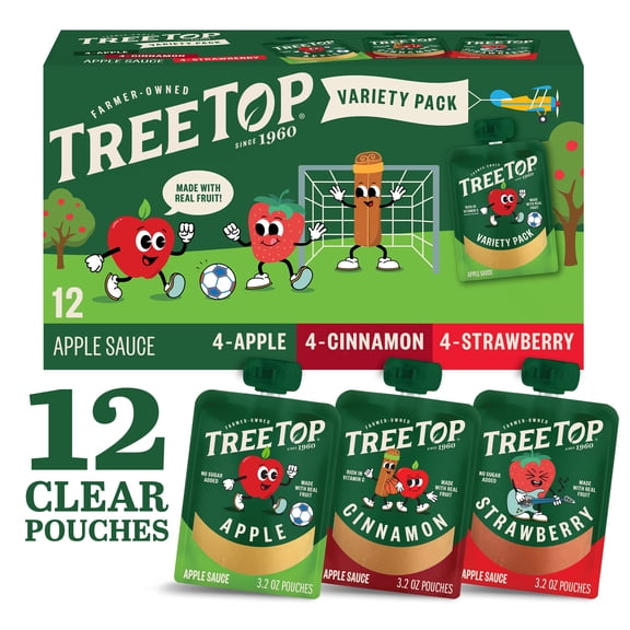 Tree Top Apple Sauce Pouch Variety Pack, Apple, Cinnamon, and Strawberry, 3.2 oz, 12 Count