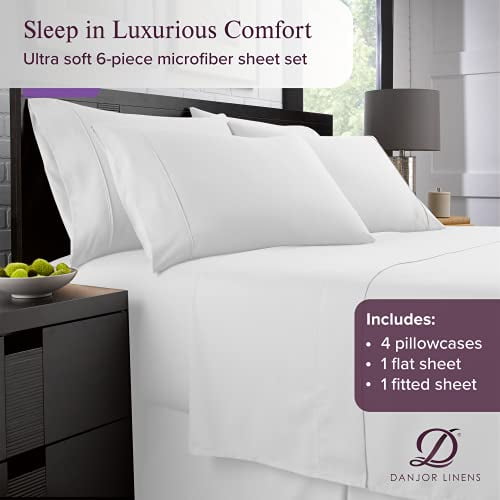 Danjor Linens California King Size Bed Sheets Set - 1800 Series 6 Piece Bedding Sheet & Pillowcases Sets w/ Deep Pockets - Fade Resistant & Machine Washable - White