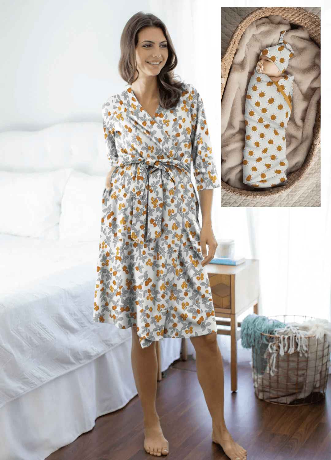 Baby Be Mine Maternity Nursing Robe and Matching Baby Swaddle Blanket