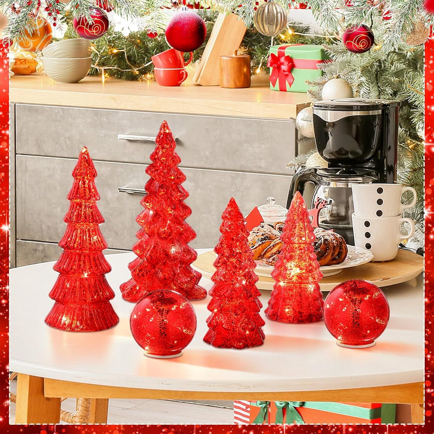 6 Pcs Mercury Glass Christmas Tree for Tabletop Light up Figurine Christmas Tree Mercury Cracked Glass Globe with Light for Xmas Decor Home Party Centerpiece Mantel Gift