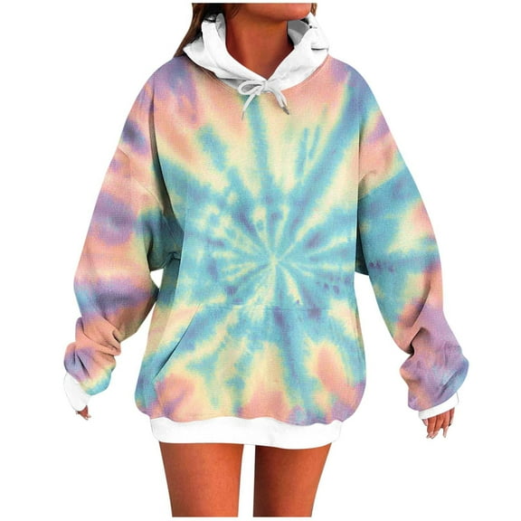 Tie Dye Shirt for Women Oversized Long Sleeved Hoodie Fall Winter Fashion Sweatshirt with Pockets Purple 2XL