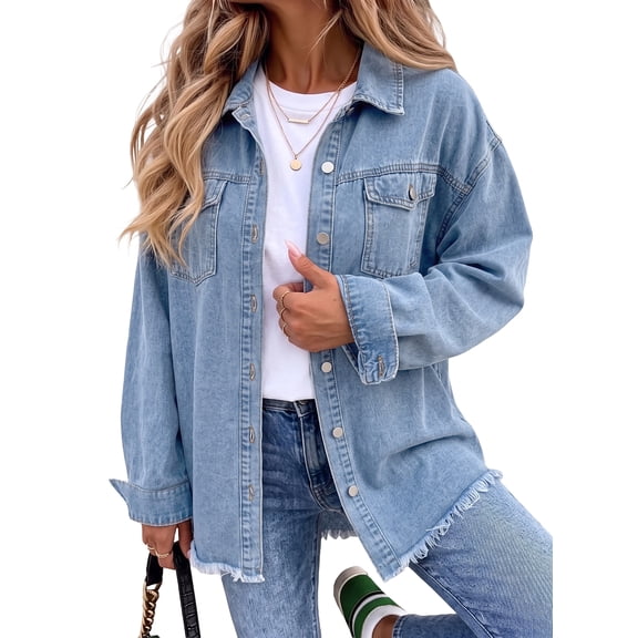 Eytino Denim Jacket for Women Long Sleeve Boyfriend Jean Jacket Loose Coat Sky Blue S Female