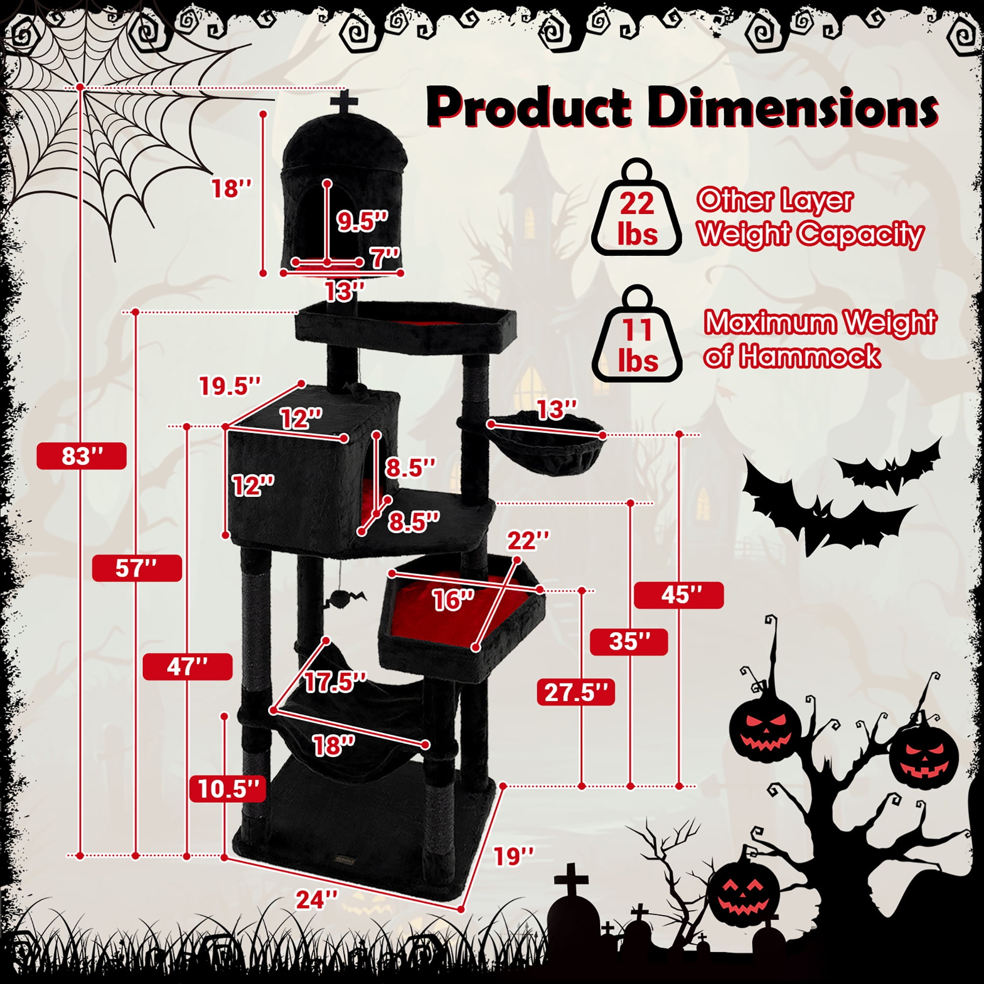Gymax Gothic Cat Tree for Indoor Cats Extra Large Cat Tower w/2 Cat Condos Coffin Bed