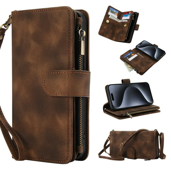 for Google Pixel 10 /10 Pro Wallet Case with Card Holder for Women Men, Phone Case RFID Blocking PU Leather Flip Shockproof Cover with Shoulder Wrist Strap Zipper Credit Card Slots Stand, Brown