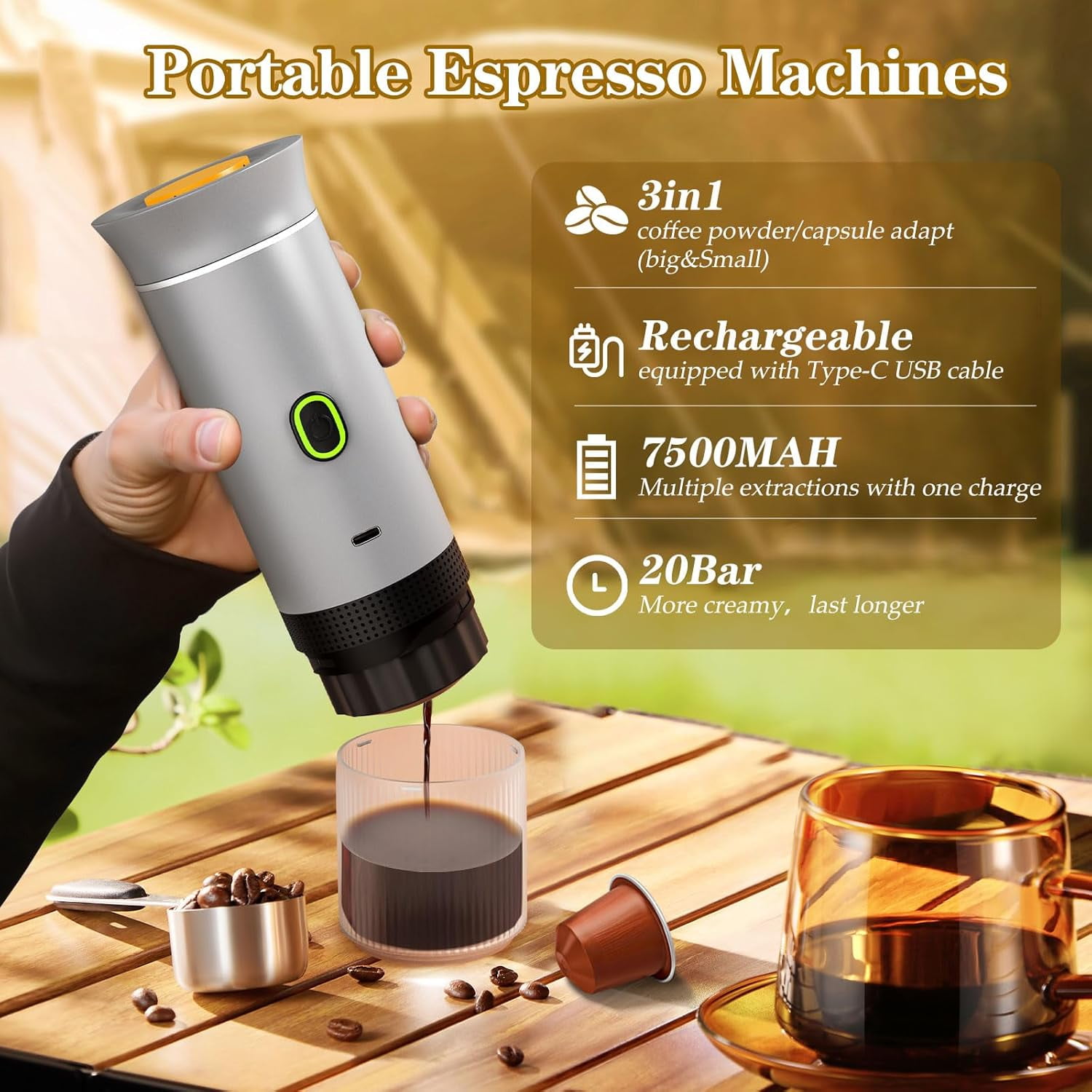 Portable Espresso Maker, Travel Coffee Maker for camping, Portable Espresso Machine with USB-C, 3-in-1 Small Espresso Machine with Ground Coffee & Capsules (NS＆DG) for RV, Hiking