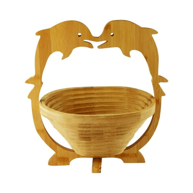 Feltree Foldable Bamboo Fruit Bowl with Rotating Base - Space-Saving Kitchen Organizer for Fruits/Vegetables & Countertop Display