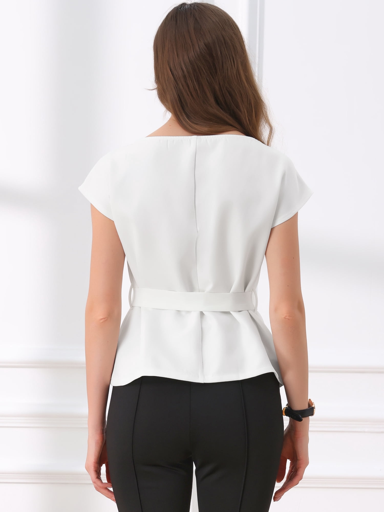 DARING DIVA Women's Cap Sleeve Top Boat Neck Belted Peplum Tops S White