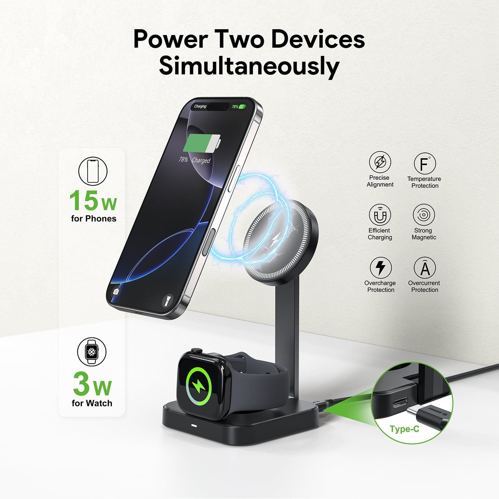 Esoulk 2-In-1 15W Compact Portable Foldable Magnetic Wireless Charger For iPhone and Apple Watch