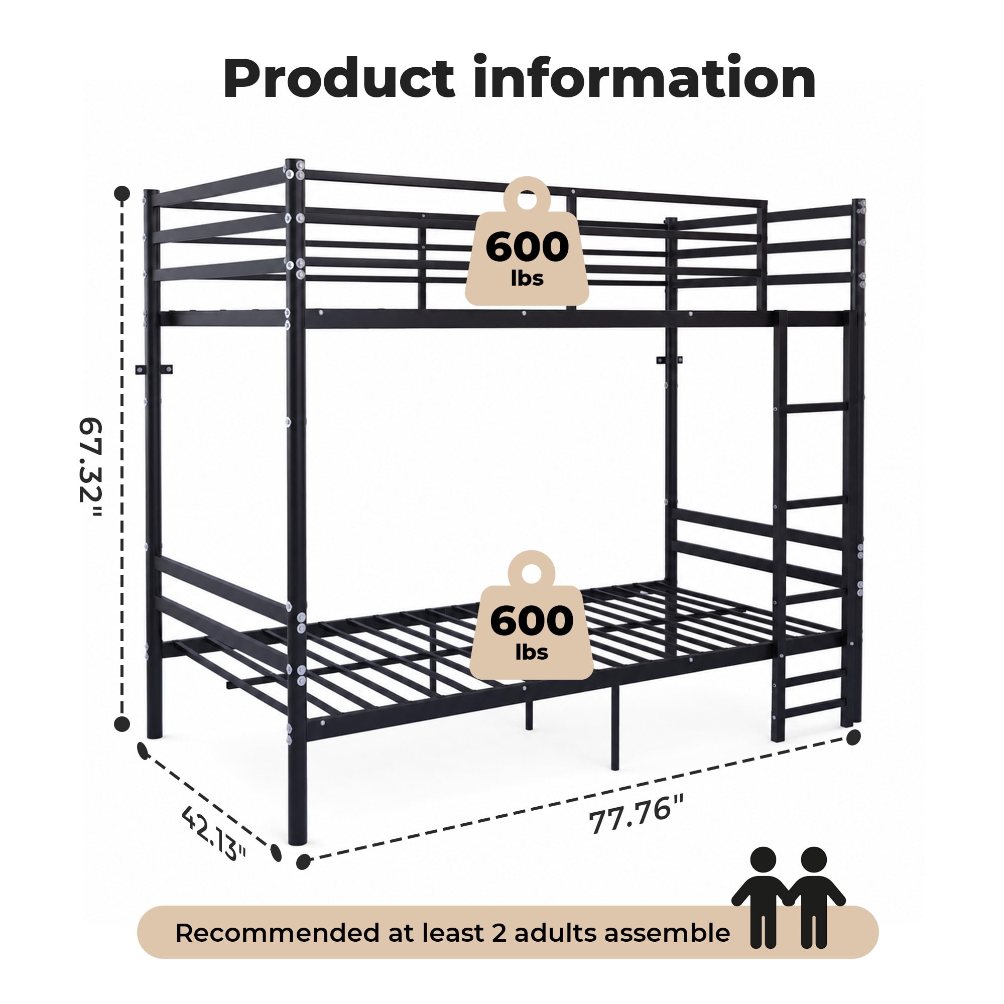 Alvantor Bunk Bed Twin over Twin, Metal Bunk Bed for Kids with Ladder and 14" Guardrail Black