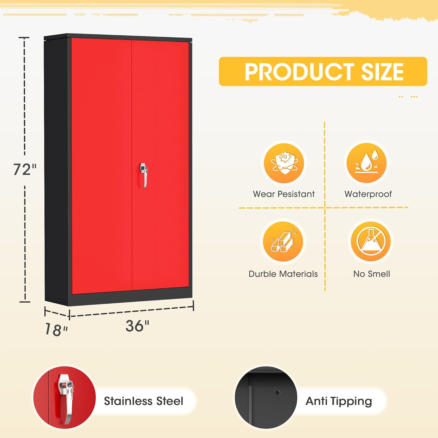 SOLAURA 72" Metal Garage Storage Cabinet with Locking Doors and Adjustable Shelves for Home, Office(Black Red )