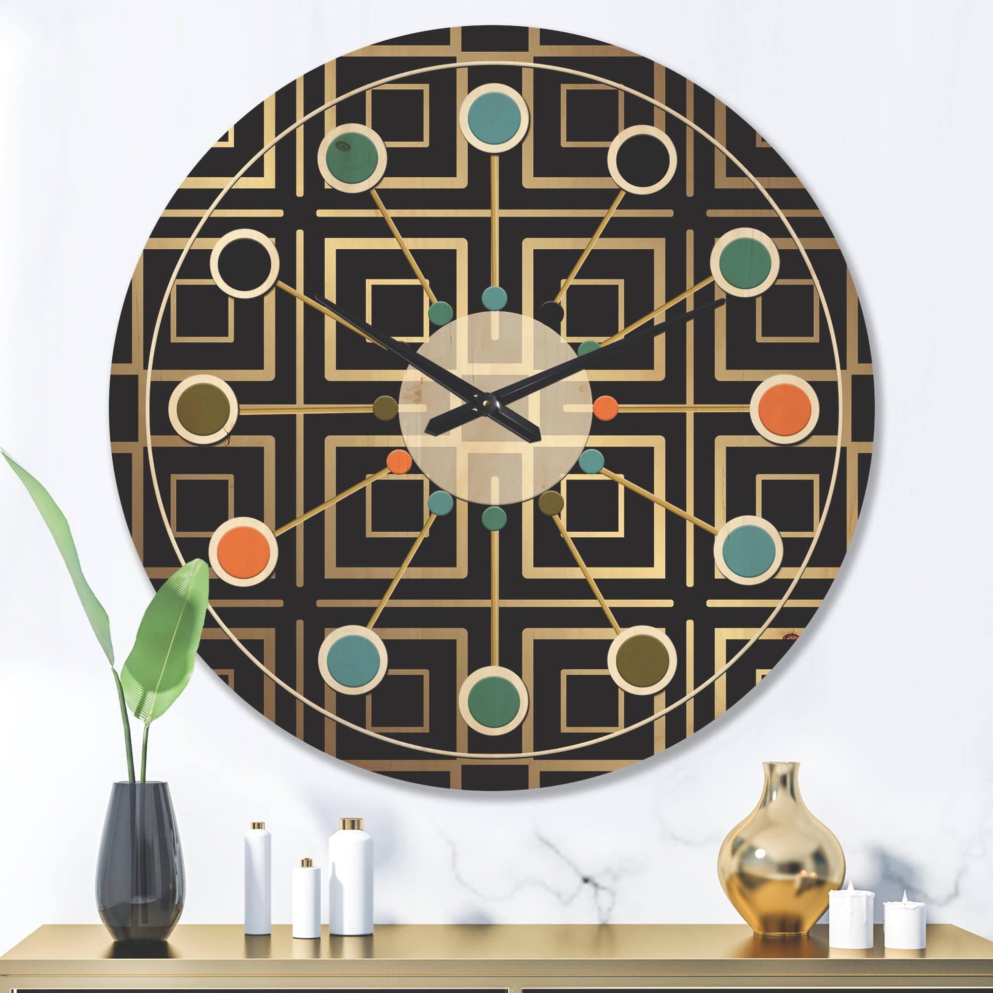 Designart 'Metallic Golden Luxury Geometrics XII XII' Mid-Century Modern Wood Wall Clock