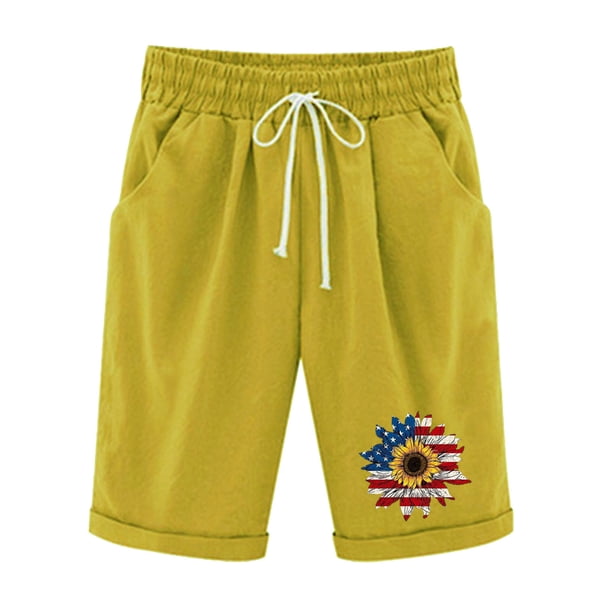 Pantalones Cortos Casuales para Mujer Día de la Independencia Impreso Elástico de la Cintura, Pantalones Cortos de Verano para Mujeres