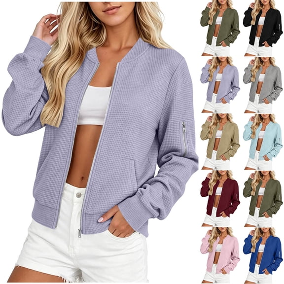 Ihhxva Women's Waffle Knit Bomber Jacket with Pockets Zip-Up V-Neck Winter Casual Oversized Fit Long Sleeve Cotton Outerwear S-2XL