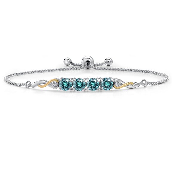Gem Stone King 925 Silver and 10K Yellow Gold Blue Moissanite and White Lab Grown Diamond Bracelet for Women | 2.02 Cttw | Gemstone | Round 5MM | Fully Adjustable 9 inch