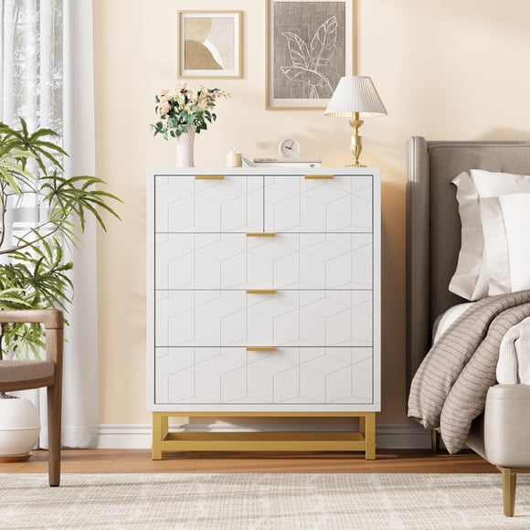 EDTara Commode Moderne Blanche, 5 Tiroirs de Rangement Larges et Pattes en Métal, Commode Idéale pour l'Organisation dans la Chambre, l'Entrée Ou le Salon